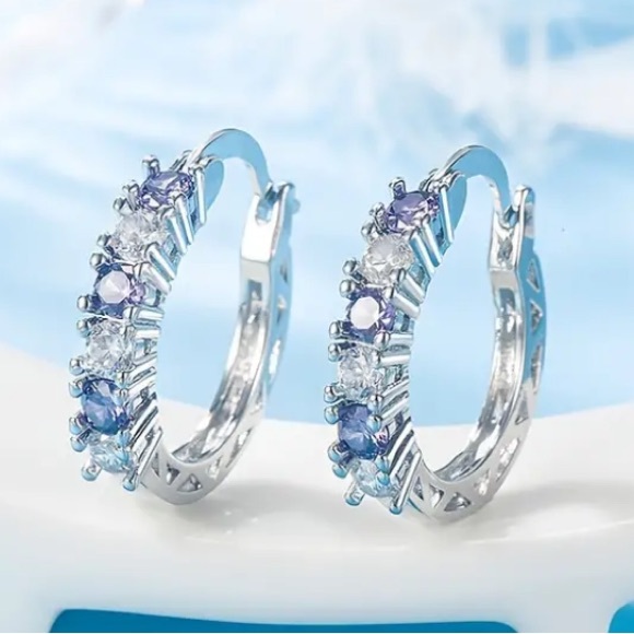 Amethyst & Diamond Silver Toned Hoop Earrings - Picture 2 of 3